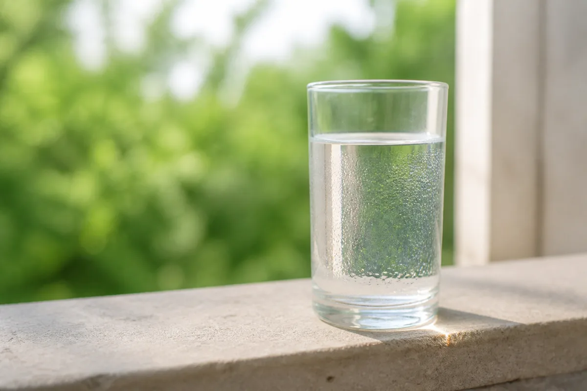 Verre d&rsquo;eau fraîche posé sur un rebord de fenêtre baigné de lumière matinale
