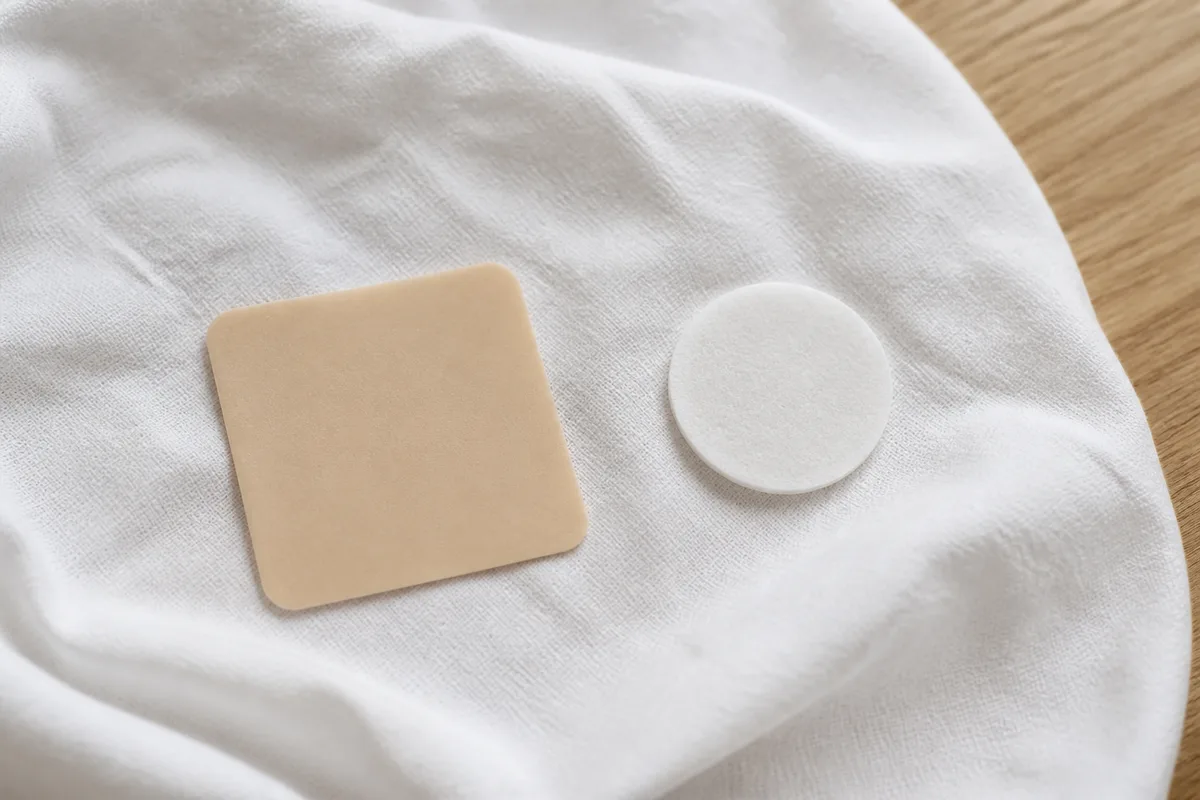Carré adhésif beige et pastille claire posés sur un linge de coton blanc froissé
