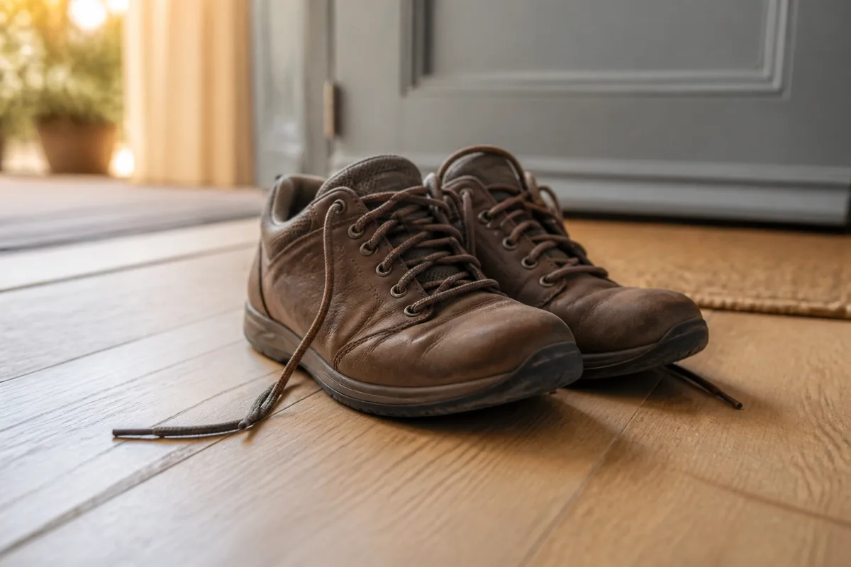 Chaussures de marche posées près d&rsquo;une porte d&rsquo;entrée sur un parquet clair