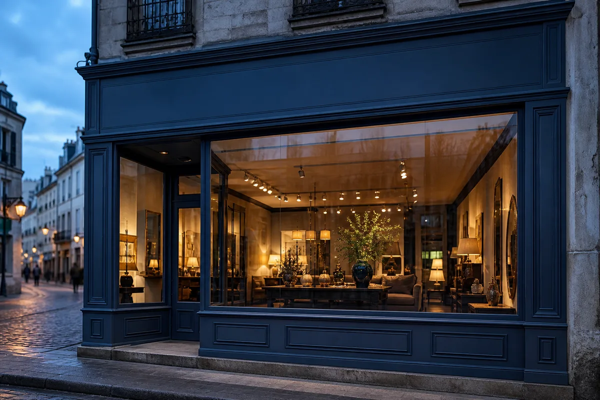 Vitrine de boutique de centre-ville éclairée en fin de journée