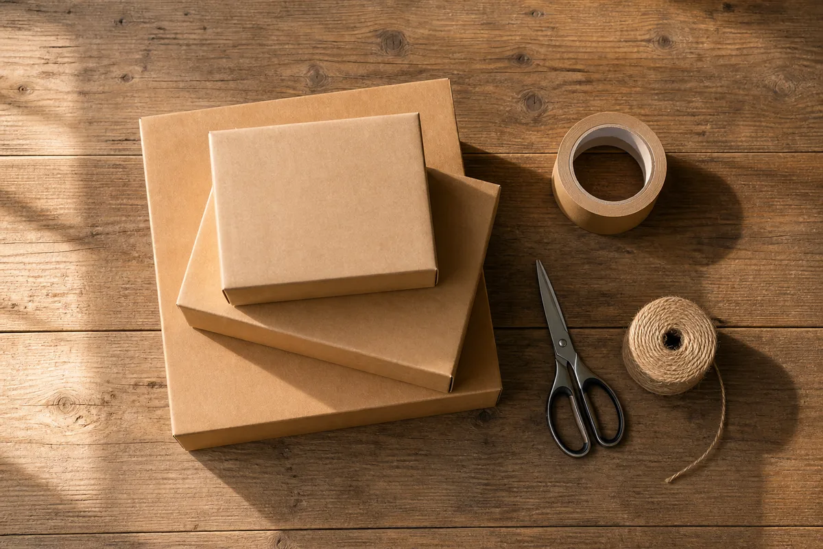 Cartons d&rsquo;expédition et rouleau d&rsquo;adhésif sur un plan de travail en bois