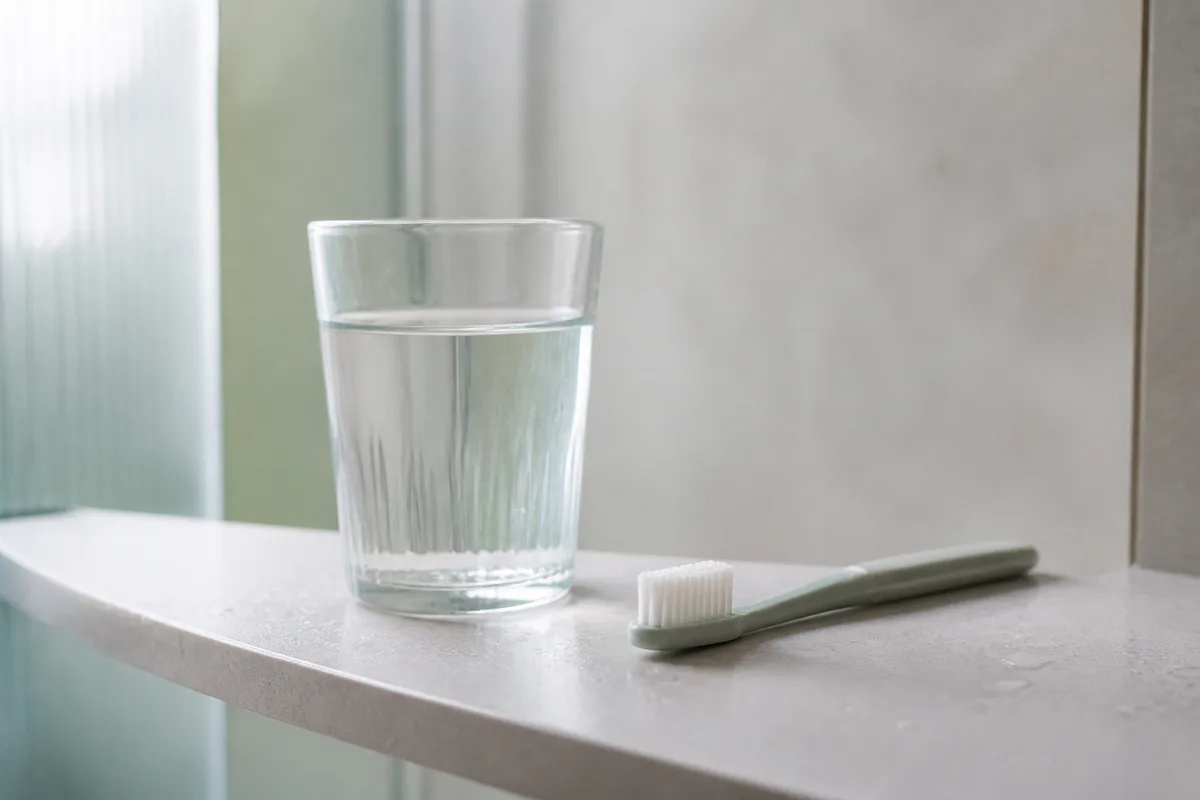 Verre d&rsquo;eau et brosse à dents à poils souples posés sur une tablette de salle de bains