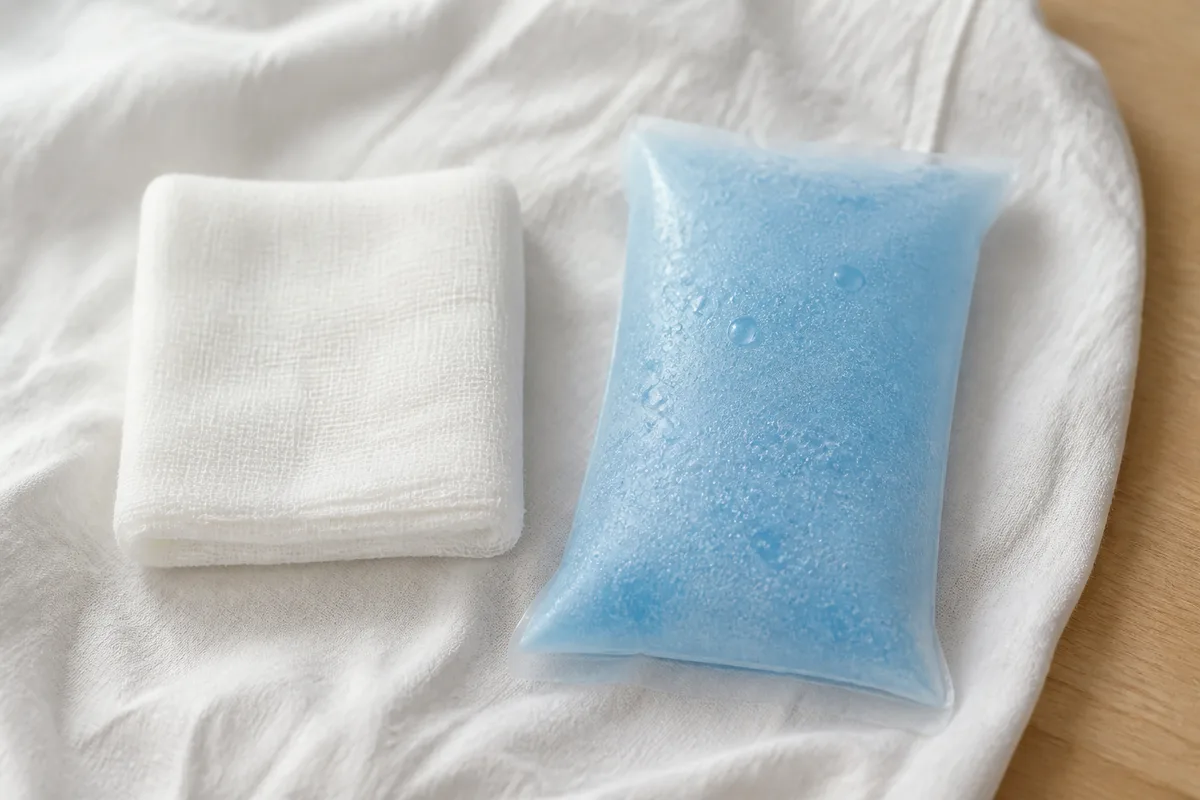 Compresse stérile et poche de froid posées sur un linge blanc après une intervention