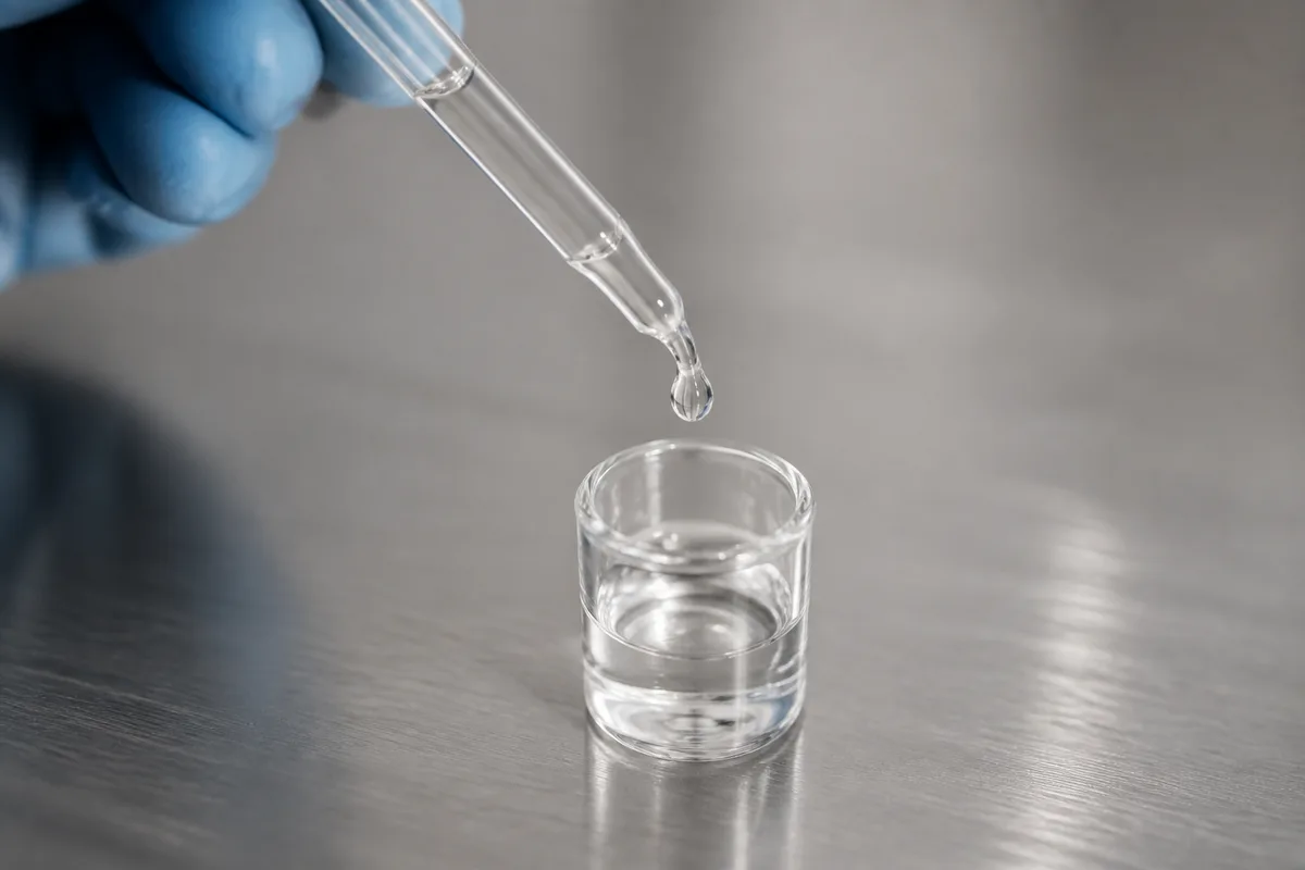Pipette de verre laissant tomber une goutte de liquide clair sur une paillasse en inox
