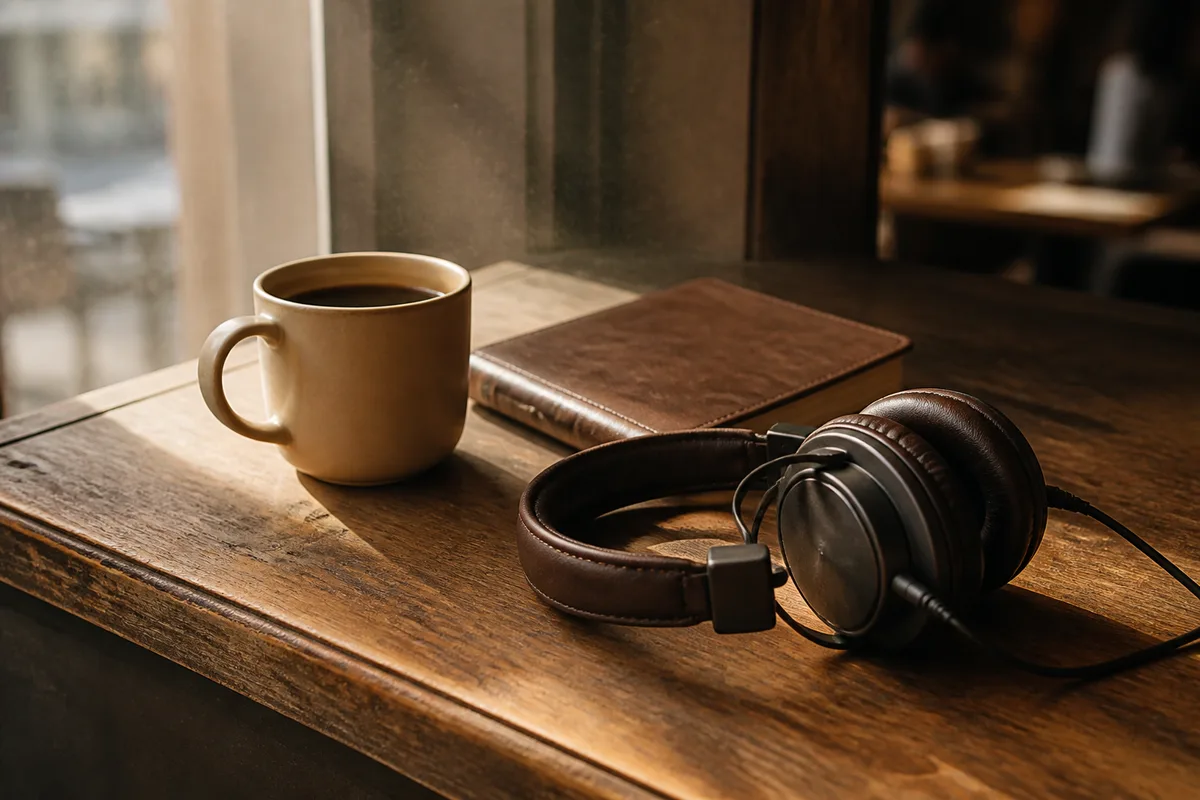 Comptoir de boutique au calme du début d&rsquo;après-midi avec une tasse et un casque audio posés à plat