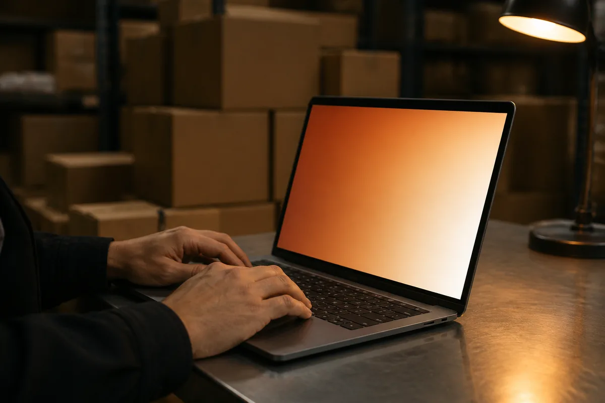 Mains posées sur un clavier d&rsquo;ordinateur portable dans une réserve de boutique, cartons empilés en arrière-plan