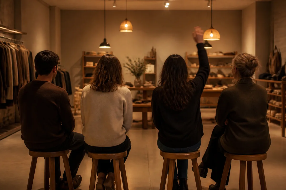 Petit groupe de personnes de dos assises sur des tabourets dans un espace de boutique en fin de journée