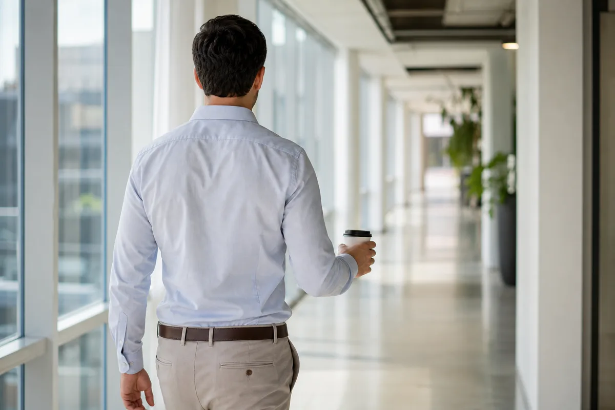 Personne de dos marchant dans un couloir lumineux de bureau pendant une pause loin de son poste de travail