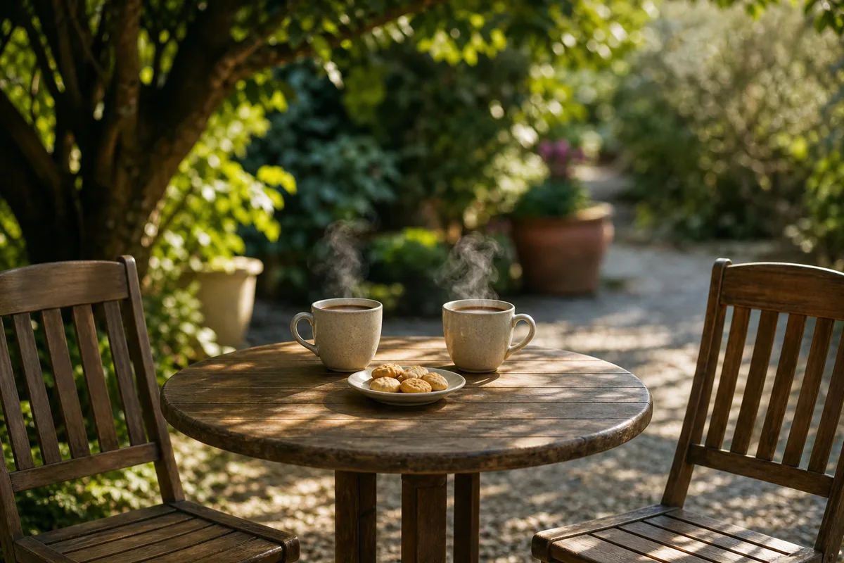 Deux tasses de café sur une petite table extérieure ombragée pendant une pause partagée entre collègues