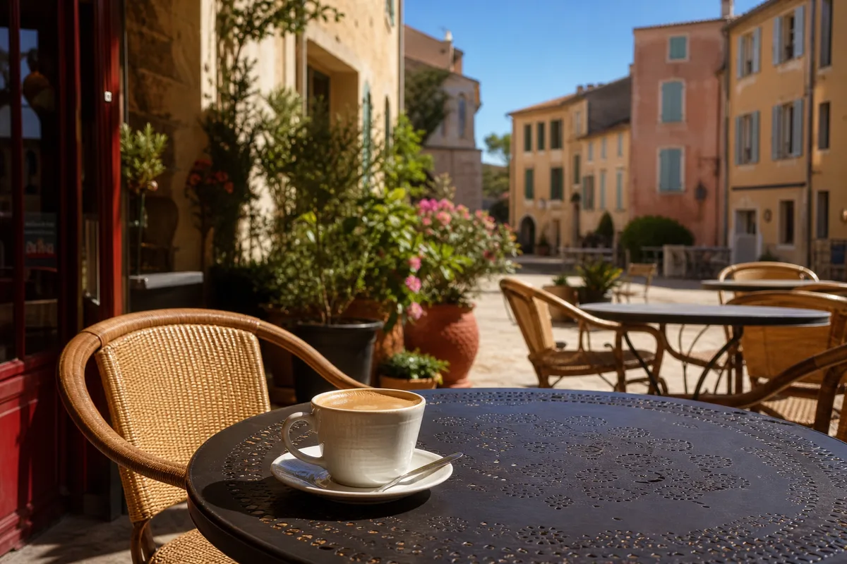 Terrasse de café ensoleillée dans une rue du Sud de la France à l’heure de la pause