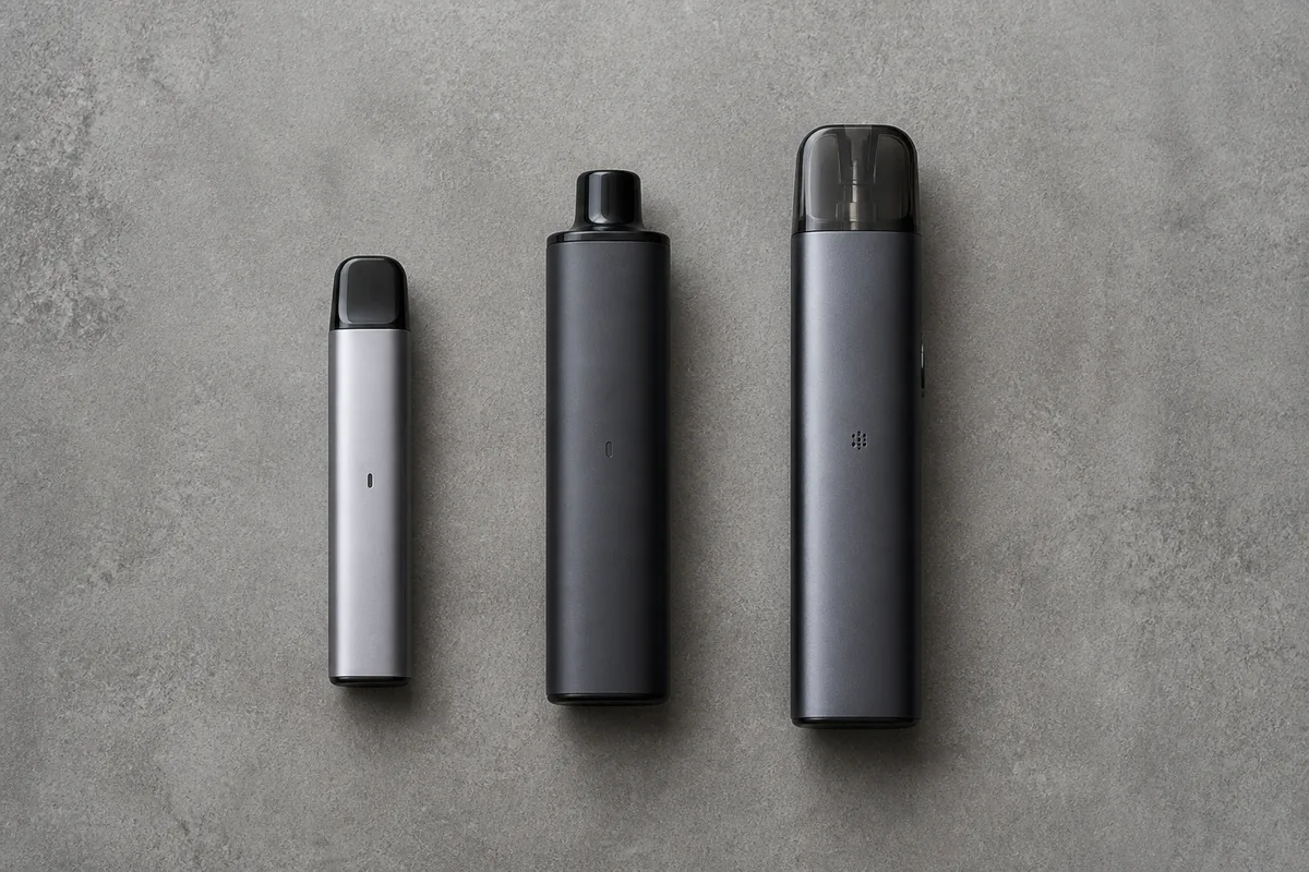 Trois petits appareils de vapotage rechargeables alignés sur un plan de travail en béton ciré